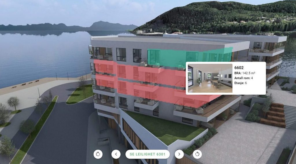3D apartment chooser, where a building is depicted with the bought units indicated in red, and the available units available in green.
